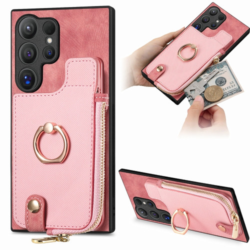 Samsung Galaxy S24 Ultra 5G Cross Leather Ring Vertical Zipper Wallet Back Phone Case - Pink