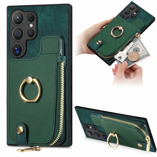 Samsung Galaxy S24 Ultra 5G Cross Leather Ring Vertical Zipper Wallet Back Phone Case - Green