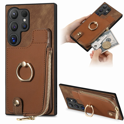 Samsung Galaxy S24 Ultra 5G Cross Leather Ring Vertical Zipper Wallet Back Phone Case - Brown