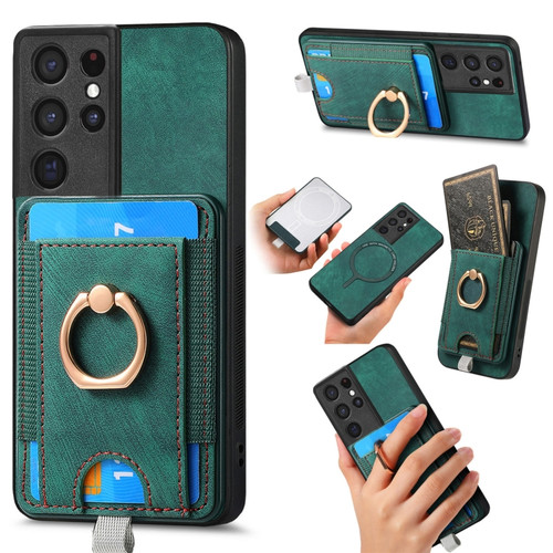 Samsung Galaxy S24 Ultra 5G Retro Splitable Magnetic Card Bag Leather Phone Case - Green