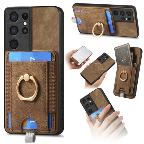 Samsung Galaxy S24 Ultra 5G Retro Splitable Magnetic Card Bag Leather Phone Case - Brown