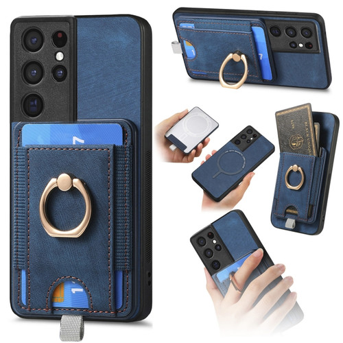 Samsung Galaxy S24 Ultra 5G Retro Splitable Magnetic Card Bag Leather Phone Case - Blue