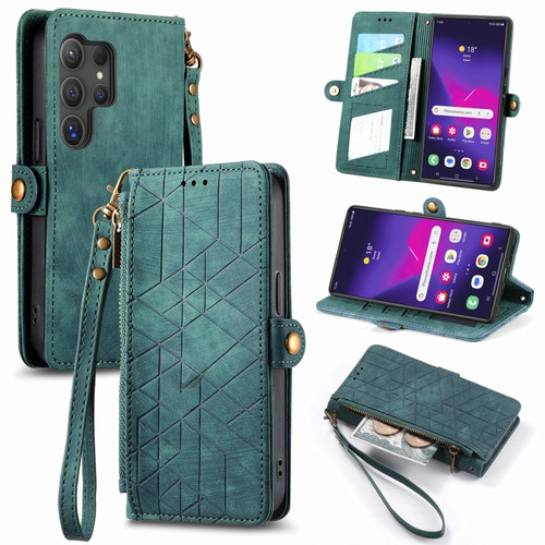 Samsung Galaxy S24 Ultra 5G Geometric Zipper Wallet Side Buckle Leather Phone Case - Green