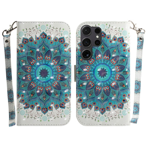 Samsung Galaxy S24 Ultra 5G 3D Colored Horizontal Flip Leather Phone Case - Peacock Wreath