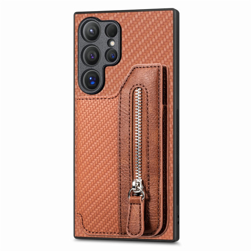Samsung Galaxy S24 Ultra 5G Carbon Fiber Horizontal Flip Zipper Wallet Phone Case - Brown