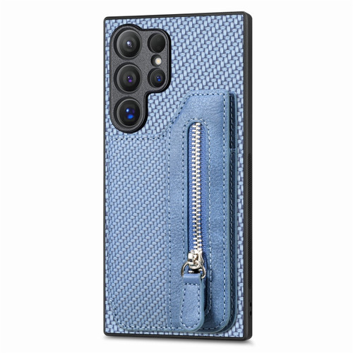 Samsung Galaxy S24 Ultra 5G Carbon Fiber Horizontal Flip Zipper Wallet Phone Case - Blue