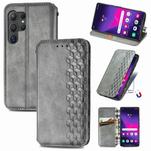 Samsung Galaxy S24 Ultra 5G Cubic Grid Pressed Magnetic Leather Phone Case - Grey