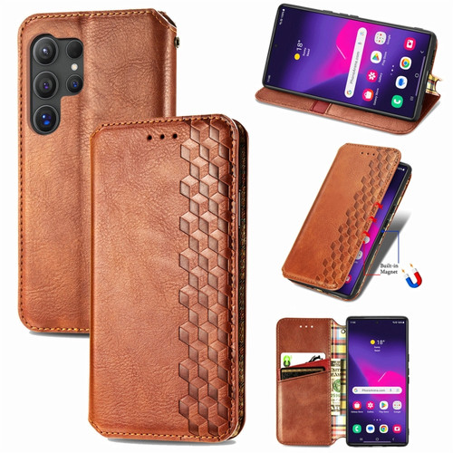 Samsung Galaxy S24 Ultra 5G Cubic Grid Pressed Magnetic Leather Phone Case - Brown