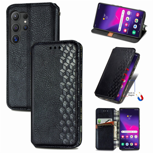 Samsung Galaxy S24 Ultra 5G Cubic Grid Pressed Magnetic Leather Phone Case - Black