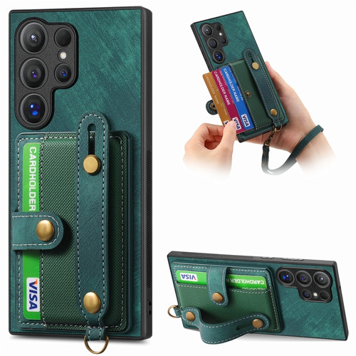Samsung Galaxy S24 Ultra 5G Retro Cross Wristband Wallet Leather Back Phone Case - Green