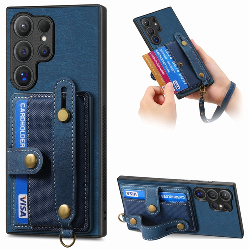 Samsung Galaxy S24 Ultra 5G Retro Cross Wristband Wallet Leather Back Phone Case - Blue