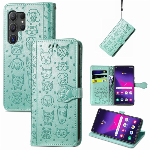 Samsung Galaxy S24 Ultra 5G Cat and Dog Embossed Leather Phone Case - Green