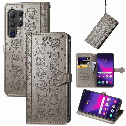 Samsung Galaxy S24 Ultra 5G Cat and Dog Embossed Leather Phone Case - Gray