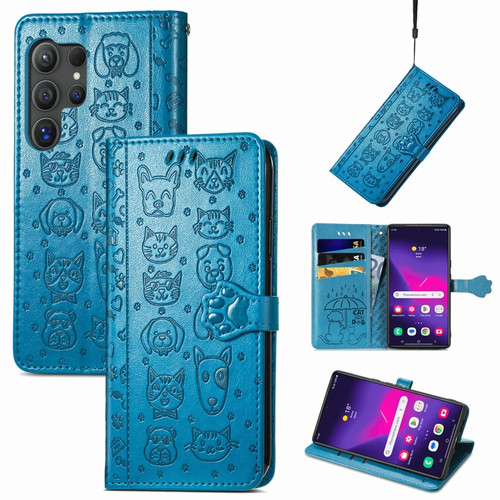 Samsung Galaxy S24 Ultra 5G Cat and Dog Embossed Leather Phone Case - Blue