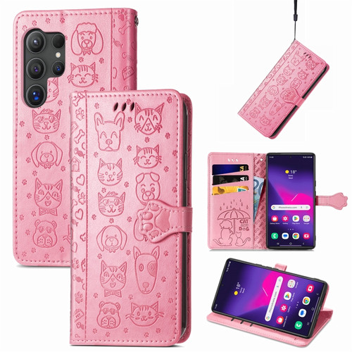 Samsung Galaxy S24 Ultra 5G Cat and Dog Embossed Leather Phone Case - Pink