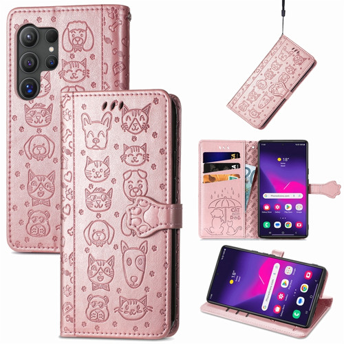 Samsung Galaxy S24 Ultra 5G Cat and Dog Embossed Leather Phone Case - Rose Gold