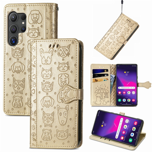 Samsung Galaxy S24 Ultra 5G Cat and Dog Embossed Leather Phone Case - Gold