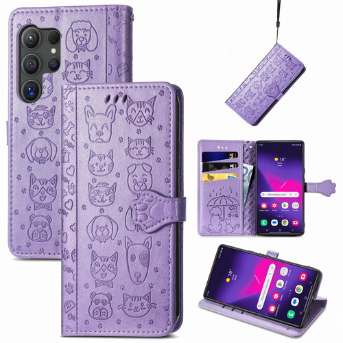 Samsung Galaxy S24 Ultra 5G Cat and Dog Embossed Leather Phone Case - Purple