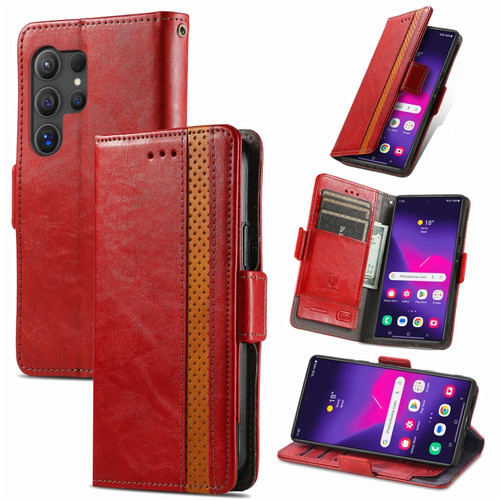 Samsung Galaxy S24 Ultra 5G CaseNeo Splicing Dual Magnetic Buckle Leather Phone Case - Red