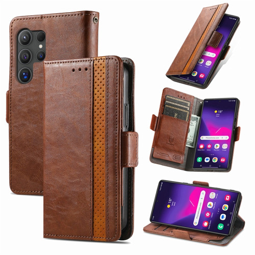 Samsung Galaxy S24 Ultra 5G CaseNeo Splicing Dual Magnetic Buckle Leather Phone Case - Brown