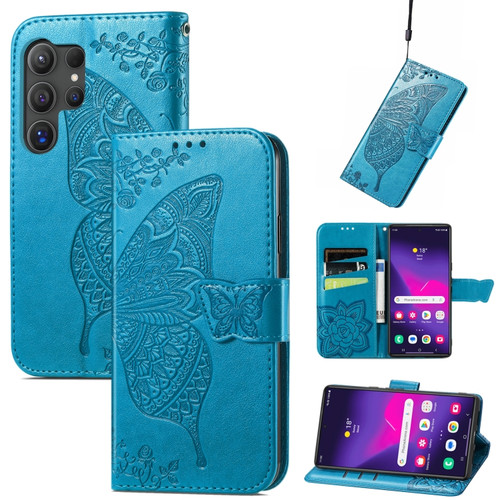 Samsung Galaxy S24 Ultra 5G Butterfly Love Flower Embossed Leather Phone Case - Blue