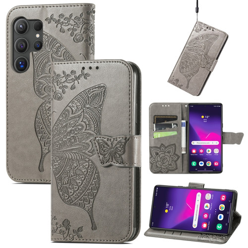 Samsung Galaxy S24 Ultra 5G Butterfly Love Flower Embossed Leather Phone Case - Gray