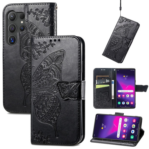 Samsung Galaxy S24 Ultra 5G Butterfly Love Flower Embossed Leather Phone Case - Black