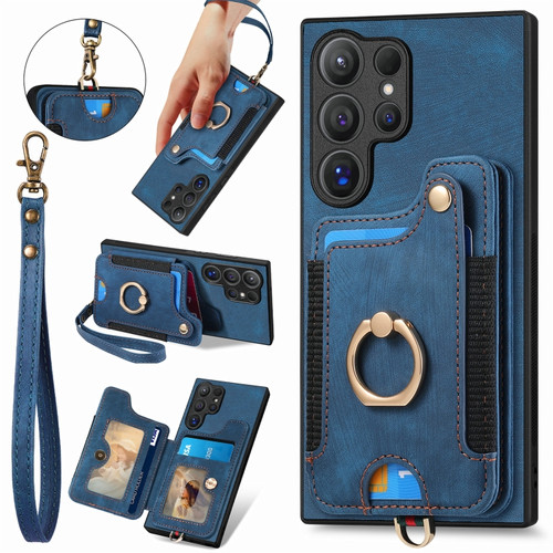 Samsung Galaxy S24 Ultra 5G Retro Skin-feel Ring Multi-card Wallet Phone Case - Blue