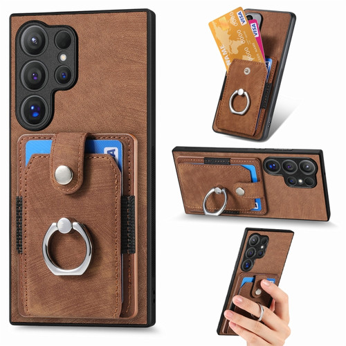 Samsung Galaxy S24 Ultra 5G Retro Skin-feel Ring Card Wallet Phone Case - Brown