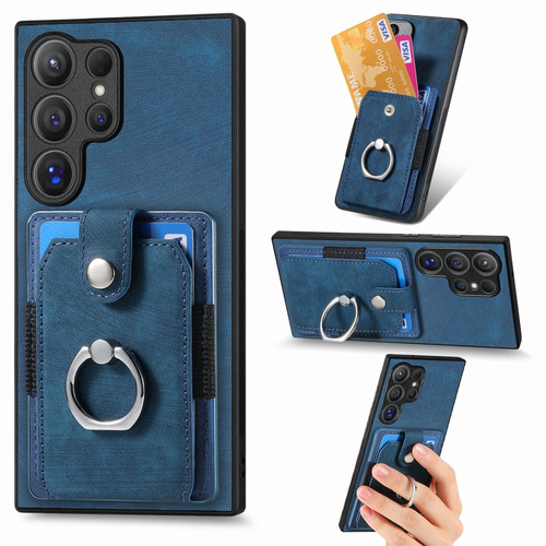 Samsung Galaxy S24 Ultra 5G Retro Skin-feel Ring Card Wallet Phone Case - Blue