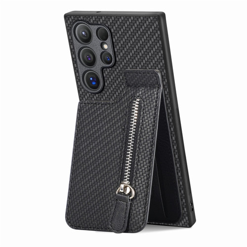 Samsung Galaxy S24 Ultra 5G Carbon Fiber Vertical Flip Zipper Phone Case - Black