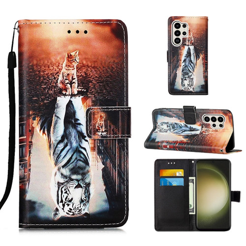 Samsung Galaxy S24 Ultra 5G Colored Drawing Pattern Plain Weave Leather Phone Case - Cats And Tigers