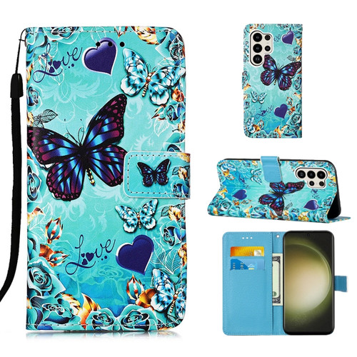 Samsung Galaxy S24 Ultra 5G Colored Drawing Pattern Plain Weave Leather Phone Case - Caring Butterfly