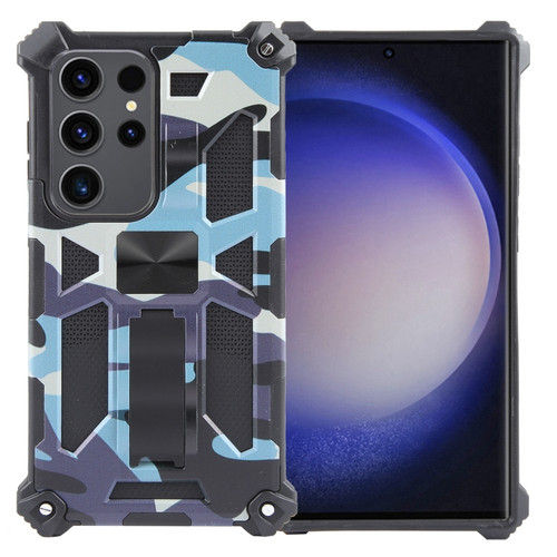 Samsung Galaxy S24 Ultra 5G Camouflage Armor Kickstand TPU + PC Magnetic Phone Case - Light Blue