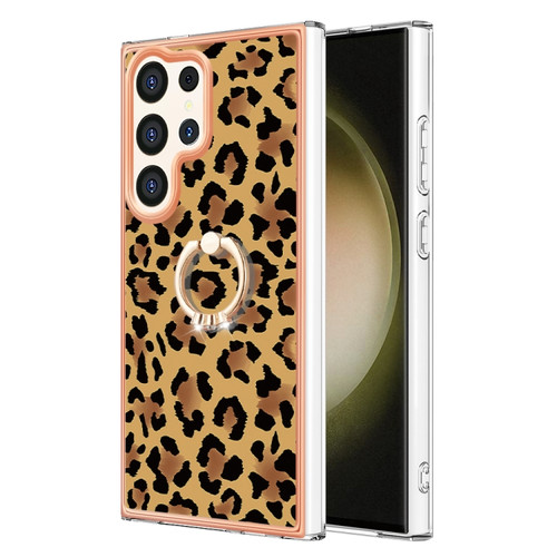 Samsung Galaxy S24 Ultra 5G Electroplating Dual-side IMD Phone Case with Ring Holder - Leopard Print