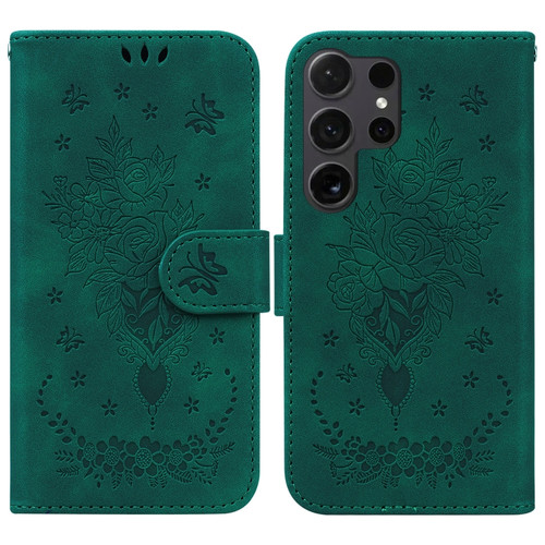 Samsung Galaxy S24 Ultra 5G Butterfly Rose Embossed Leather Phone Case - Green