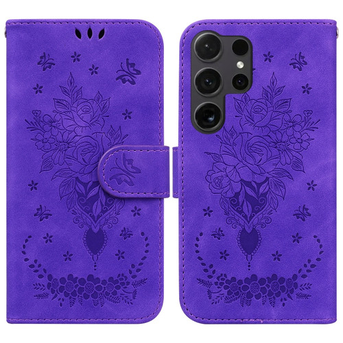 Samsung Galaxy S24 Ultra 5G Butterfly Rose Embossed Leather Phone Case - Purple