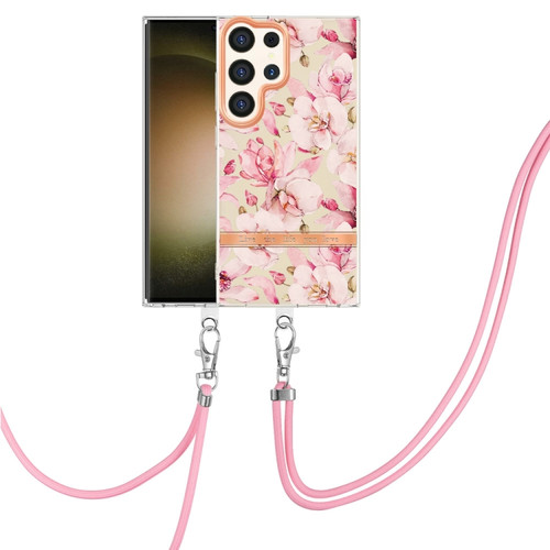 Samsung Galaxy S24 Ultra 5G Flowers and Plants Series IMD TPU Phone Case with Lanyard - Pink Gardenia