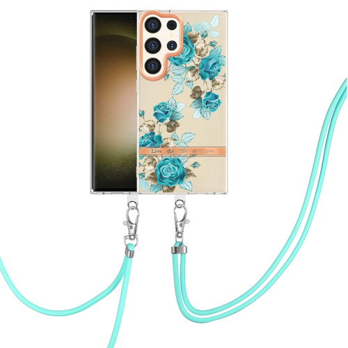 Samsung Galaxy S24 Ultra 5G Flowers and Plants Series IMD TPU Phone Case with Lanyard - Blue Rose