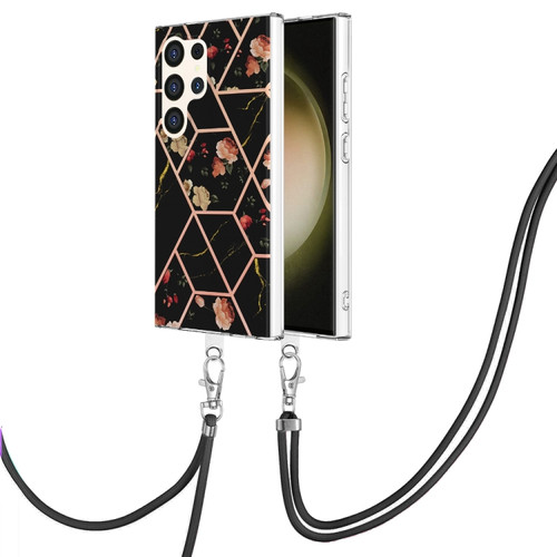 Samsung Galaxy S24 Ultra 5G Electroplating Splicing Marble Flower IMD TPU Phone Case with Lanyard - Black Flower