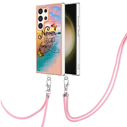 Samsung Galaxy S24 Ultra 5G Electroplating Pattern IMD TPU Shockproof Case with Neck Lanyard - Dream Chasing Butterfly