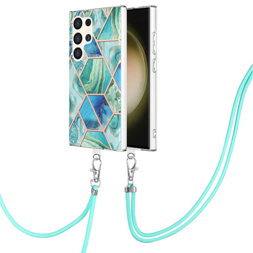 Samsung Galaxy S24 Ultra 5G Electroplating IMD Splicing Dual-side Marble TPU Phone Case with Lanyard - Green