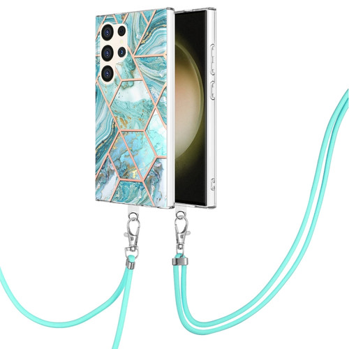 Samsung Galaxy S24 Ultra 5G Electroplating IMD Splicing Dual-side Marble TPU Phone Case with Lanyard - Blue