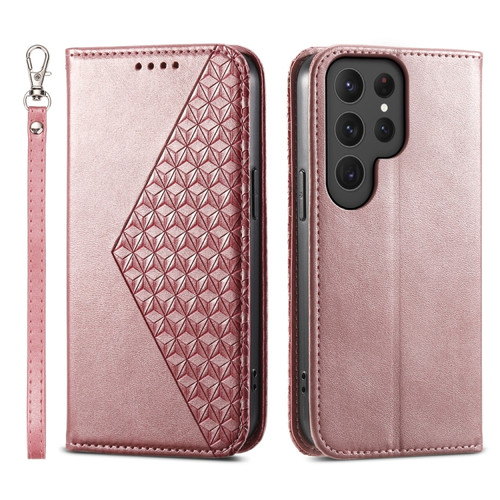 Samsung Galaxy S24 Ultra 5G Cubic Grid Calf Texture Magnetic Leather Phone Case - Rose Gold