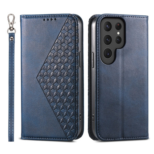 Samsung Galaxy S24 Ultra 5G Cubic Grid Calf Texture Magnetic Leather Phone Case - Blue
