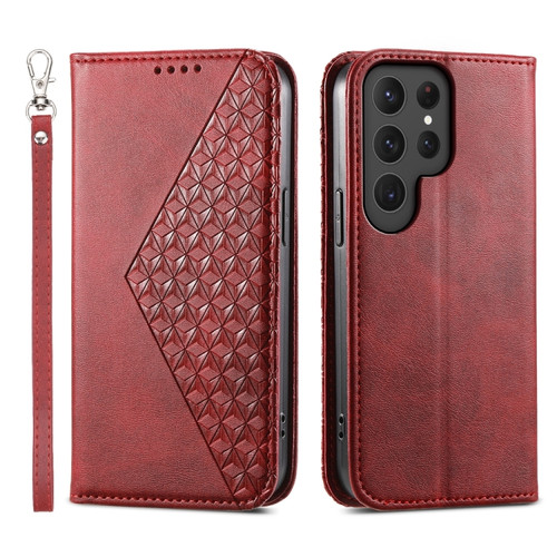 Samsung Galaxy S24 Ultra 5G Cubic Grid Calf Texture Magnetic Leather Phone Case - Red