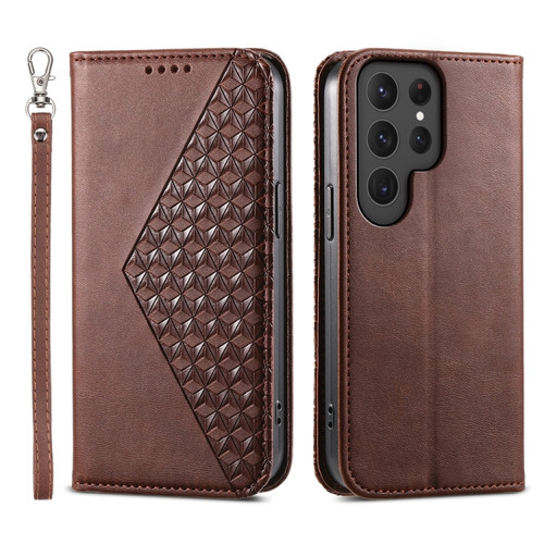 Samsung Galaxy S24 Ultra 5G Cubic Grid Calf Texture Magnetic Leather Phone Case - Brown
