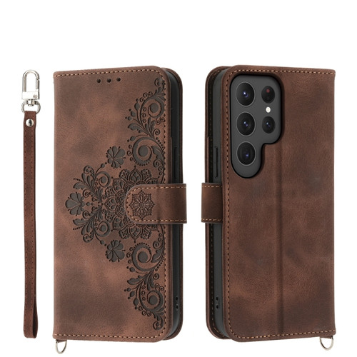 Samsung Galaxy S24 Ultra 5G Skin-feel Flowers Embossed Wallet Leather Phone Case - Brown