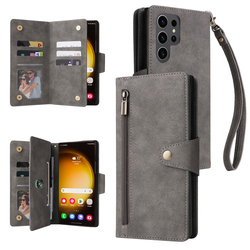 Samsung Galaxy S24 Ultra 5G Rivet Buckle 9 Cards Three Fold Leather Phone Case - Grey