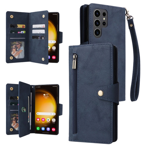 Samsung Galaxy S24 Ultra 5G Rivet Buckle 9 Cards Three Fold Leather Phone Case - Blue